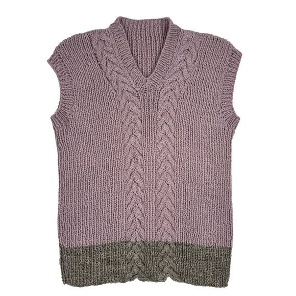 Hand Knit Women V-neck Sweater Vest S Mauve Cable Knit Old Money Academia Preppy - Picture 1 of 8
